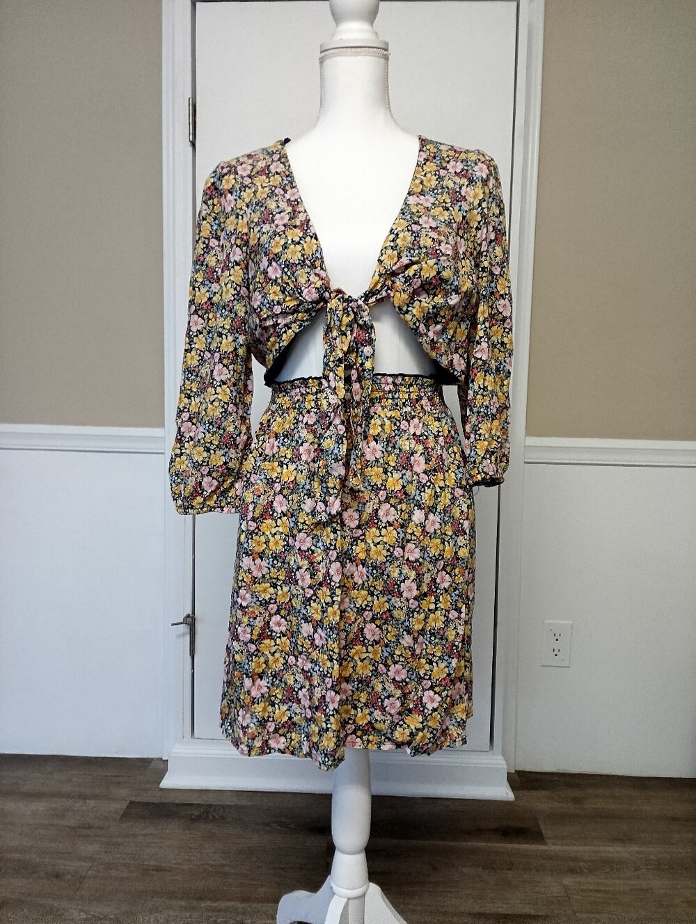 BeBop Yellow Multi Floral Tie-Front Midi Dress